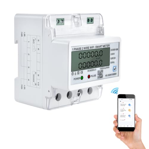 Stromzähler Auslesen Wlan 1 Phasen 5-60A 230V, LCD Digitaler Stromzähler Hutschiene mit Verbrauchsmessung, Smart WIFI Energiemessgerät mit APP-Betrieb für 35 mm DIN (1-Phasiger 2-Poliger WIFI) von Home Holic