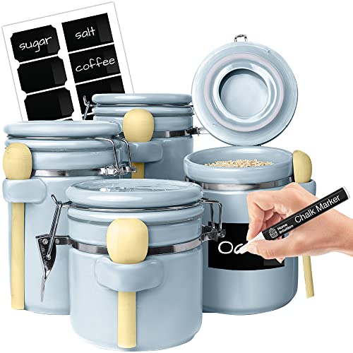 Home Intuition 4 Stück Keramik Küchenbehälter Set, Luftdichte Behälter mit Holzlöffeln Wiederverwendbare Kreideetiketten und Marker für Zucker, Kaffee, Mehl, Tee (Hellblau) von Home Intuition