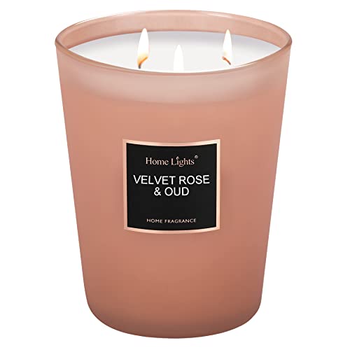 Home Lights Luxus-Designer-Duftkerze im Glas, Deckel aus rosegoldenem Stahl und seidig gefärbtem Glas, 100% natürliches Sojawachs, duftend und langlebig Super Large(3 wick) Velvet Rose & Oud von Home Lights