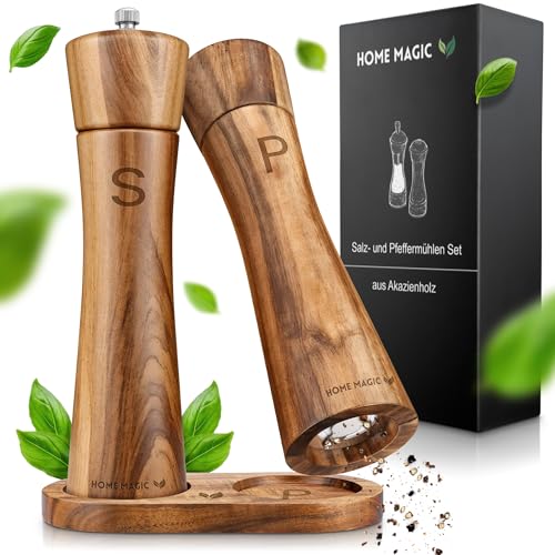Home Magic Pfeffermühle Holz – Premium Salz und Pfeffermühle 2er Set aus Akazienholz mit Untersetzer | Hochwertiges Keramikmahlwerk Home Magic Pfeffermühle Holz – Premium Salz und Pfeffermühle 2er Set aus Akazienholz mit Untersetzer | Hochwertiges Keramikmahlwerk von Home Magic