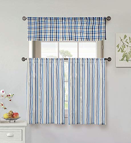 Home Maison Fini Checker Kitchen Curtain & Tier Set, 56x15 (1 Piece) 28x36 (2 Pieces), Blue von Home Maison