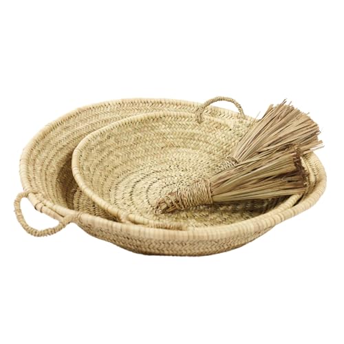 Home Maison Flacher Korb mit Griffen Palmblatt, flacher Korb mit Griffen, Palmblatt, 45 x 45 x 45 cm, marokkanische Handwerkskunst, Farbe Natur von Home Maison