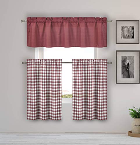 Home Maison Kinglough Solid Kitchen Curtain & Tier Set, 58x15 (1 Piece) 29x30 (2 Pieces), Wine von Home Maison