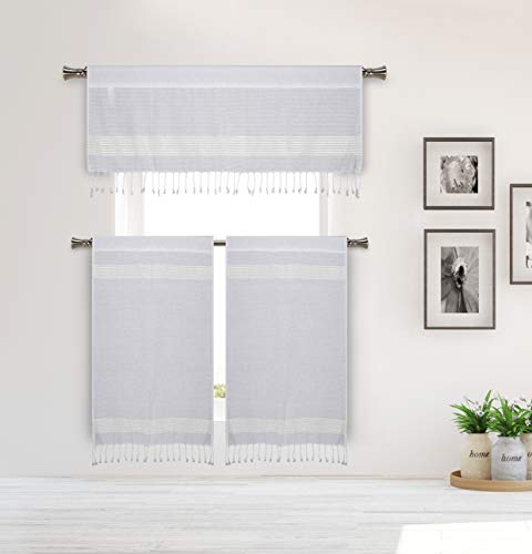 Home Maison Pythia Stripe Kitchen Curtain & Tier Set, 58x15 (1 Piece) 29x36 (2 Pieces), White-Silver von Home Maison