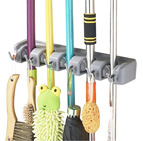 Gerätehalter Wandhalterung, Home-Neat Ordnungsleiste Wandhalter mit 5 Haken und 6 Schnellspannern für Mopp ,Besen und Gartenwerkzeug usw. von Home-Neat