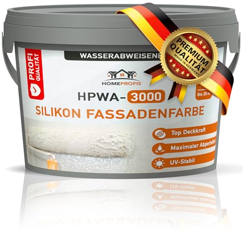 Home Profis® Silikon Fassadenfarbe Weiß | Mit zuverlässigem Abperleffekt | 100% UV stabil | Sehr gute Deckkraft | Zum Färben & Ausbessern | Profi Qualität | HPWA-3000 (5 Liter | Bis 20 m²) von Home Profis