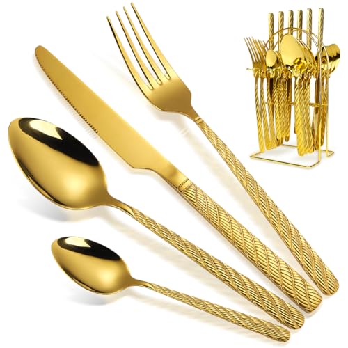 Besteckset 24 teilig, Home Safety Edelstahl Modern Besteck Set 6 Personen, Gold Essbesteck Set mit Messer Gabel Löffel, Hochwertiges Edelstahlbesteck, Spülmaschinenfest von Home Safety