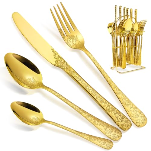 Besteckset Gold 6 Personen, Home Safety Edelstahl Modern Goldenes Besteck 24 teilig, Essbesteck Set mit Messer Gabel Löffel, Hochwertiges Edelstahlbesteck, Spülmaschinenfest von Home Safety