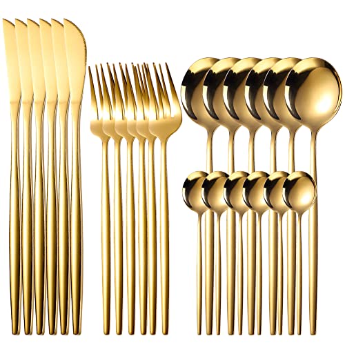 Home Safety Besteck Set Gold aus Edelstahl, 24 STK Golden Tafelbesteck Set inkl. Messer, Gabel, Löffel, Teelöffel Besteck für 6 Personen, Besteckkoffer Set mit Geschenkbox, Spiegelpoliertes Design von Home Safety