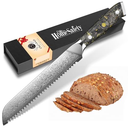 Home Safety Brotmesser Wellenschliff- Küchenmesser Damastmesser Profi Brot Messer extra Scharfes 21 cm Klinge aus 67 Lagen VG-10 Damaststahl, Ergonomischer Griff mit Geschenkbox von Home Safety