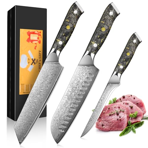 Home Safety Damast Messerset 3STK- Damast Küchenmesser Set mit 14.5-18 cm Klinge - Damastmesser Set aus Kiritsuke Kochmesser, Santokumesser und Filetiermesser - 67 Lagen VG-10 Damaststahl von Home Safety