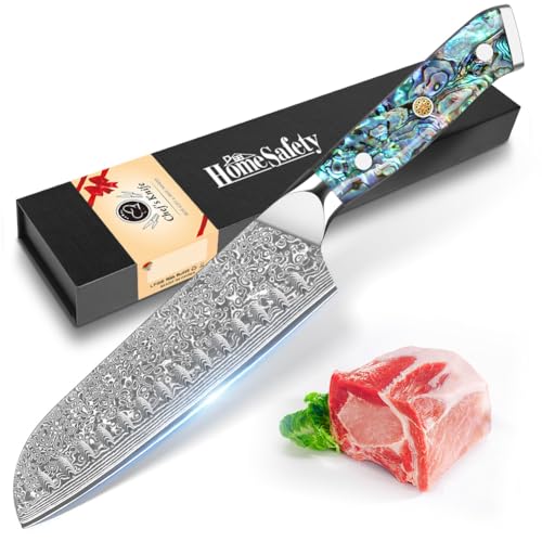 Home Safety Damastmesser Santoku Messer mit extrem Scharf 18cm Klinge aus 67 Lagen VG-10 Damaststahl Küchenmesser Damast Gemüsemesser, Abalone-Muschel Griff, Geschenkbox von Home Safety