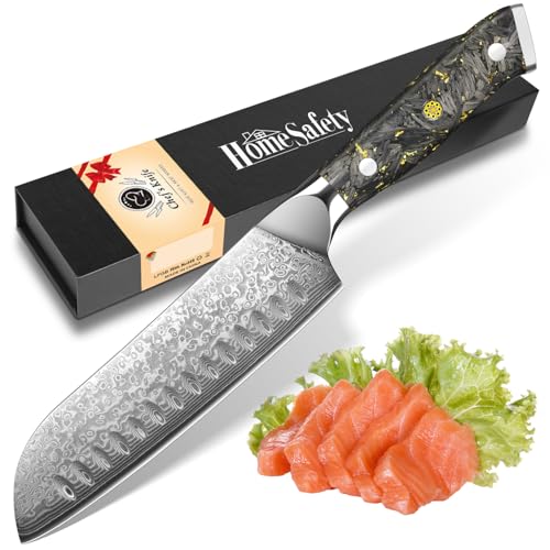 Home Safety Santoku Messer Damast - Damastmesser Profi Kochmesser I extra Scharfes 17.8cm Klinge aus 67 Lagen VG-10 Damaststahl I Damast Küchenmesser, Geschenkbox von Home Safety