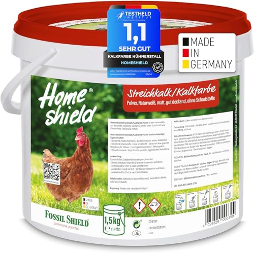 Home Shield Kalkfarbe Hühnerstall Pulver 1,5 kg Eimer, weiß - Schadstofffreies Streichkalk zum Anrühren - Matte, naturweiße Stallfarbe mit hoher Deckkraft für Ställe von Home Shield