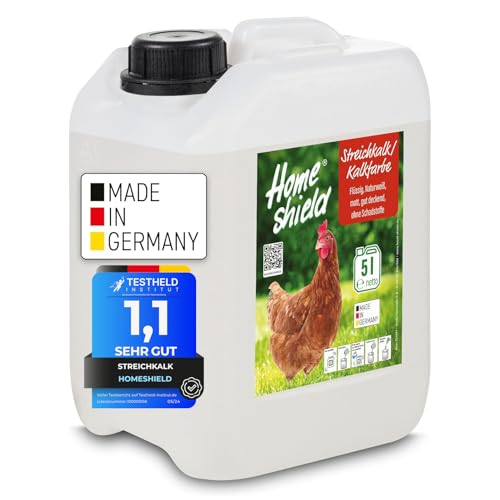 Home Shield Kalkfarbe Hühnerstall flüssig 5L Kanister, weiß - Schadstofffreies Streichkalk, ready to use - Matte, naturweiße Stallfarbe mit hoher Deckkraft für Ställe - 5 Liter von Home Shield