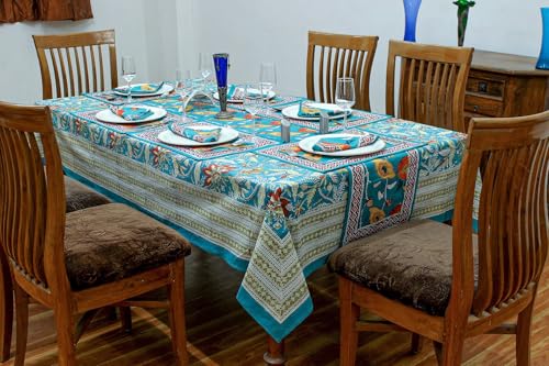 183 x 274 cm rechteckige handblockbedruckte Baumwoll-Tischdecke, Cyangrünes Blumenmuster, waschbar, indische Tischwäsche für Abendessen, Heimdekoration, Sommer, Frühling, Herbst, Outdoor von Home Spun & Crafts