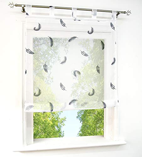 Home U Raffrollo mit Feder Druck Design Rollos Voile Transparent Vorhang Frisch Schön Fenster Schal (BxH 80x140cm, Grau-Blau mit Schlaufen) von Home U