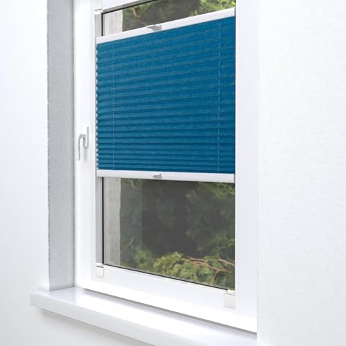 Home-Vision® Plissee Faltrollo ohne Bohren zum Kleben, Innenrahmen, Kollektion Melange Leinenoptik Blickdicht Sonnenschutz Jalousie für Fenster & Tür (Blau - Höhe 120cm x Breite 90cm) von Home-Vision