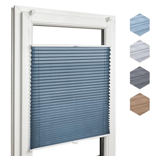 Home-Vision® Premium Plissee Faltrollo ohne Bohren mit Klemmträger / -fix, Kollektion „Melange” Leinenoptik (Blau, B100cm x H200cm) von Home-Vision