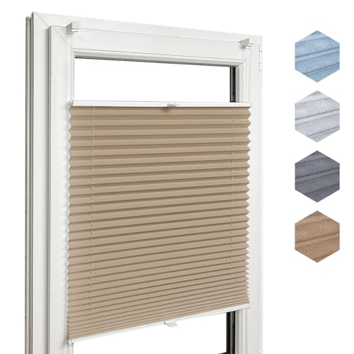 Home-Vision® Premium Plissee Faltrollo ohne Bohren mit Klemmträger / -fix, Kollektion „Melange” Leinenoptik Blickdicht Sonnenschutz Jalousie für Fenster & Tür (Beige, B110cm x H200cm) von Home-Vision