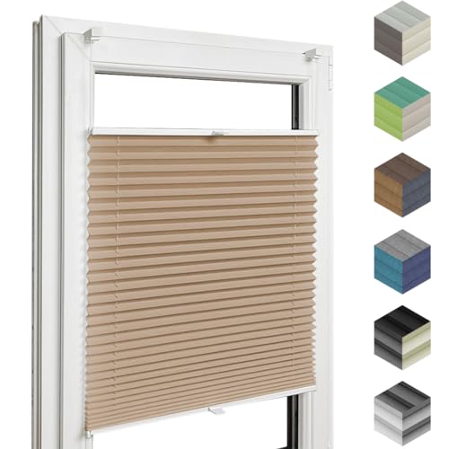 Home-Vision® Premium Plissee Faltrollo ohne Bohren mit Klemmträger / -fix (Beige, B145cm x H120cm) Blickdicht Sonnenschutz Jalousie für Fenster & Tür von Home-Vision