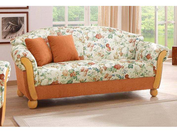 2-Sitzer HOME AFFAIRE Milano, bequem durch Federkern, kompakte Stellmaße: Breite 159cm , bunt (terrakotta, geblümt), B:159cm H:83cm T:81cm, Chenille u00bbEspartau00ab (70% Polyacryl, 30% Polyester) auf Korpus und Zierkissen, Sitz und Rücken im Blumenmuster u00bbParadiseu00ab (100% Polyester), Chenille u00bbEspartau00ab (70% Polyacryl, 30% Polyester) mit Zierkissen im Blumenmuster u00bbParadiseu00ab (100% Polyester), Sofas von Home-affaire