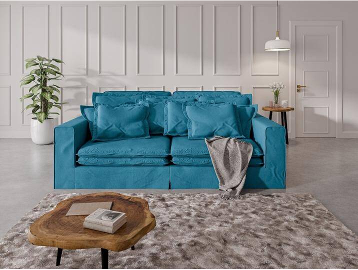 4-Sitzer HOME AFFAIRE ALISSAS mit vielen Kissen, Biesen an den Kissen , blau (türkis), B:240cm H:94cm T:146cm, 92% Polyester, 8% Nylon, Sofas, Hussenoptik, mit kleinen Taschen an der Seite zum Verstauen von Home-affaire