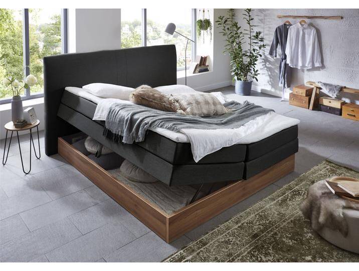 Boxspringbett HOME AFFAIRE Blomen , grau (anthrazit), B:182cm L:224cm, Komplettbetten, Boxspringbett, mit Walnuss-Dekor, mit Bettkasten, verschiedene Härtegrade, mit Topper von Home-affaire