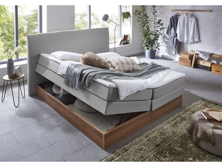 Boxspringbett HOME AFFAIRE Blomen , grau (hellgrau), B:162cm L:224cm, Komplettbetten, Boxspringbett, mit Walnuss-Dekor, mit Bettkasten, verschiedene Härtegrade, mit Topper von Home-affaire