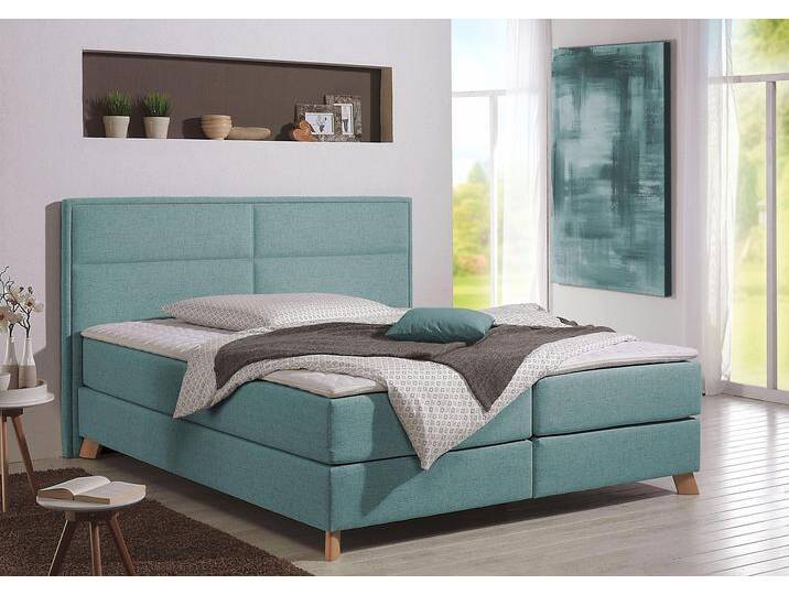 Boxspringbett HOME AFFAIRE Caria , blau (petrol), B:191cm L:209cm, Strukturstoff-Bezug (100% Polyester), Topperbezug 100% Polyester, Komplettbetten, Boxspringbett, in 5 Breiten, 3 Matratzen-Ausführungen, 2 Härtegraden, Topper von Home-affaire