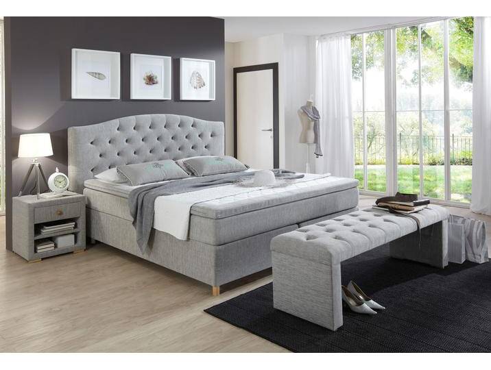 Boxspringbett HOME AFFAIRE Claire , grau (hellgrau), B:162cm L:214cm, Strukturstoff Bezug (100% Polyacryl), Komplettbetten, Boxspringbett, mit Vollmassiv-Unterbox, incl. Topper, verschiedene Härtegrade von Home-affaire