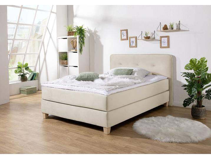 Boxspringbett HOME AFFAIRE Fargo , beige, B:133cm L:207cm, Struktur fein (100% Polyester), Samtstoff (100% Polyester), Komplettbetten, inkl. Topper, in 3 Matratzenarten, in Samt- oder Strukturstoff von Home-affaire