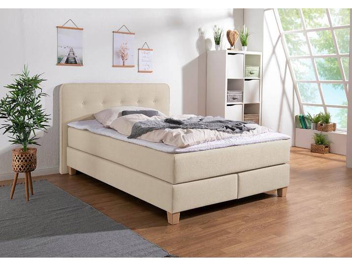 Boxspringbett HOME AFFAIRE Fargo , beige, B:153cm L:207cm, Struktur fein (100% Polyester), Samtstoff (100% Polyester), Komplettbetten, inkl. Topper, in 3 Matratzenarten, in Samt- oder Strukturstoff von Home-affaire