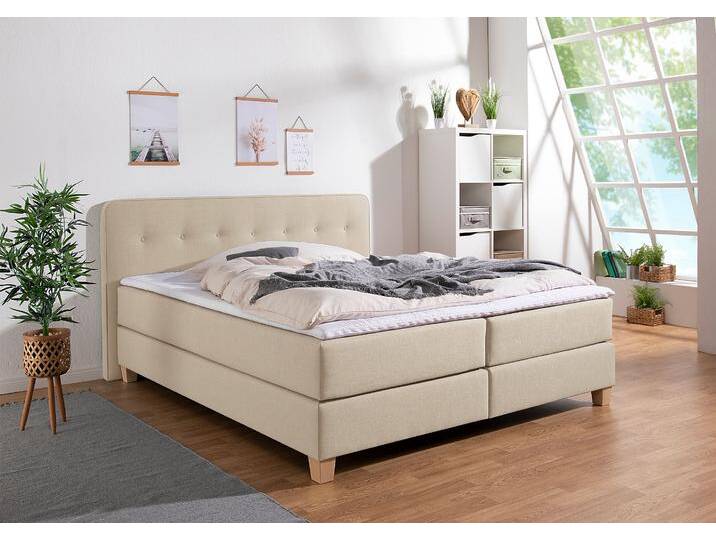 Boxspringbett HOME AFFAIRE Fargo , beige, B:173cm L:207cm, Struktur fein (100% Polyester), Samtstoff (100% Polyester), Komplettbetten, inkl. Topper, in 3 Matratzenarten, in Samt- oder Strukturstoff von Home-affaire