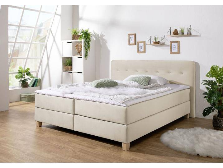 Boxspringbett HOME AFFAIRE Fargo , beige, B:193cm L:207cm, Struktur fein (100% Polyester), Samtstoff (100% Polyester), Komplettbetten, inkl. Topper, in 3 Matratzenarten, in Samt- oder Strukturstoff von Home-affaire