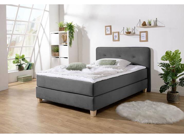 Boxspringbett HOME AFFAIRE Fargo , grau (anthrazit), B:133cm L:207cm, Struktur fein (100% Polyester), Samtstoff (100% Polyester), Komplettbetten, inkl. Topper, in 3 Matratzenarten, in Samt- oder Strukturstoff von Home-affaire