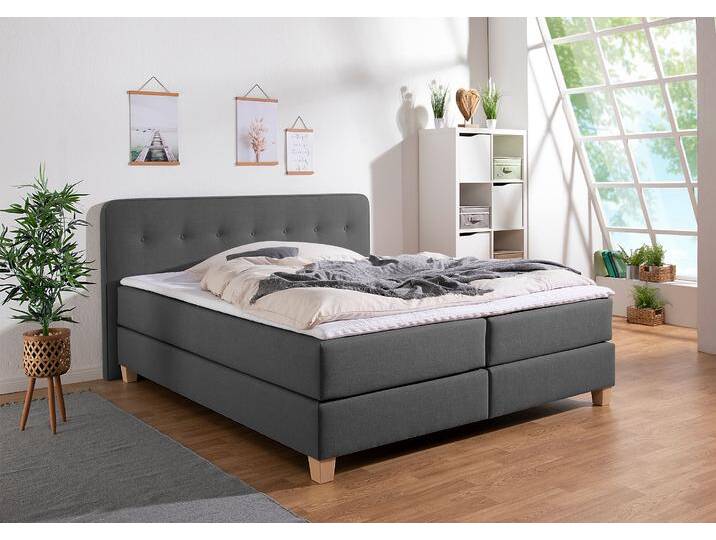 Boxspringbett HOME AFFAIRE Fargo , grau (anthrazit), B:213cm L:207cm, Struktur fein (100% Polyester), Samtstoff (100% Polyester), Komplettbetten, inkl. Topper, in 3 Matratzenarten, in Samt- oder Strukturstoff von Home-affaire