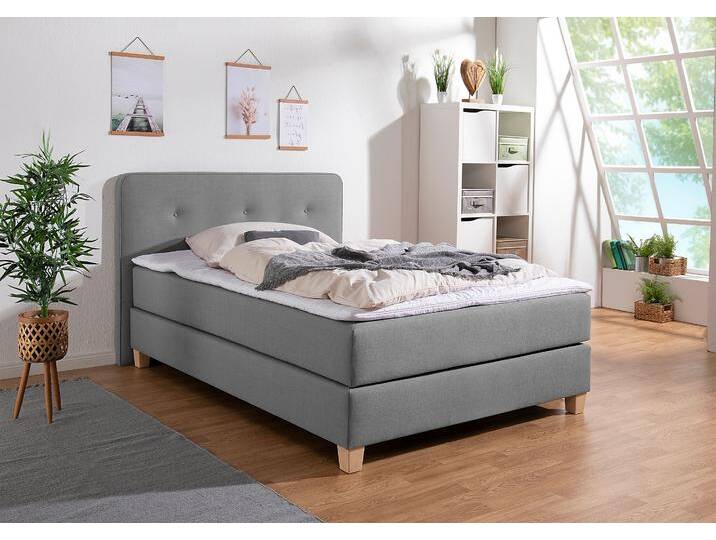 Boxspringbett HOME AFFAIRE Fargo , grau (hellgrau), B:133cm L:207cm, Struktur fein (100% Polyester), Samtstoff (100% Polyester), Komplettbetten, inkl. Topper, in 3 Matratzenarten, in Samt- oder Strukturstoff von Home-affaire