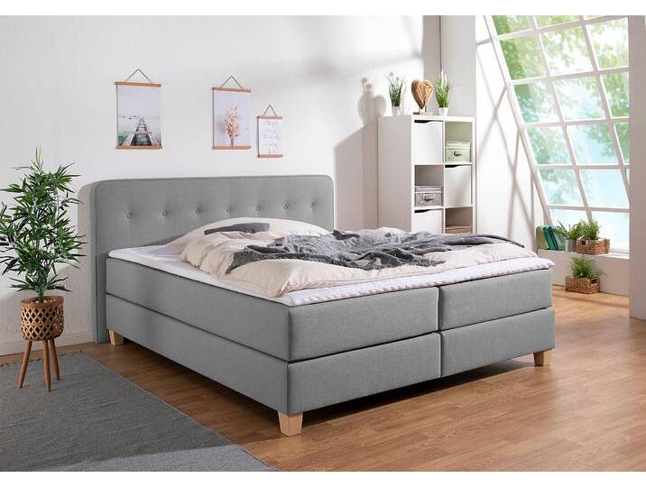 Boxspringbett HOME AFFAIRE Fargo , grau (hellgrau), B:193cm L:207cm, Struktur fein (100% Polyester), Samtstoff (100% Polyester), Komplettbetten, inkl. Topper, in 3 Matratzenarten, in Samt- oder Strukturstoff von Home-affaire