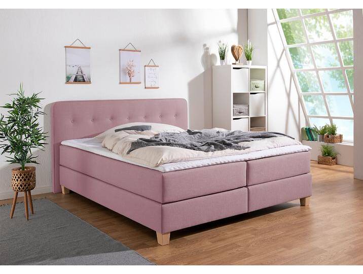 Boxspringbett HOME AFFAIRE Fargo , lila (flieder), B:193cm L:207cm, Struktur fein (100% Polyester), Samtstoff (100% Polyester), Komplettbetten, inkl. Topper, in 3 Matratzenarten, in Samt- oder Strukturstoff von Home-affaire