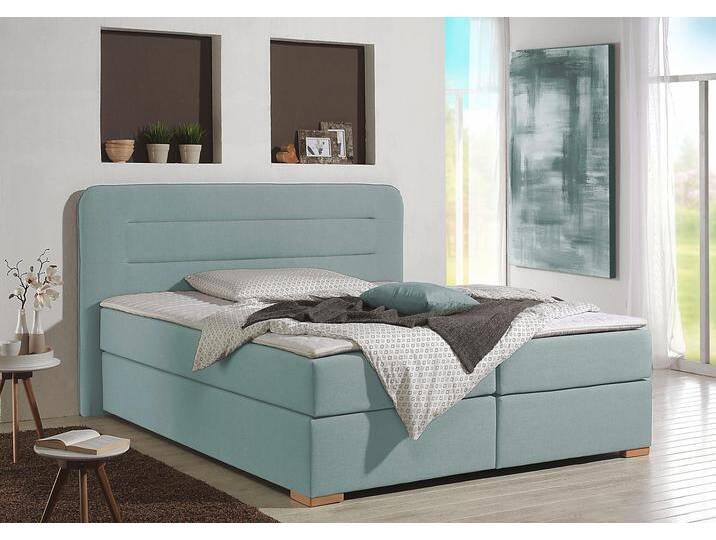 Boxspringbett HOME AFFAIRE Manchester , blau (petrol), B:180cm L:208cm, Strukturstoff-Bezug (100% Polyester), Komplettbetten, Boxspringbett, 5 Breiten, 3 Ausführungen, 2 Härtegraden, Topper, Steppung von Home-affaire