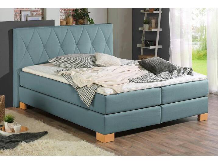 Boxspringbett HOME AFFAIRE Merino , blau (petrol), B:168cm L:211cm, Struktur fein (100% Polyester), Komplettbetten, Boxspringbett, incl. Kaltschaumtopper, 5, Breiten, 2 Härtegrade, 3 Ausführungen von Home-affaire