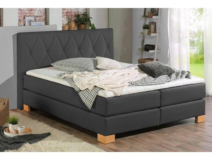 Boxspringbett HOME AFFAIRE Merino , grau (anthrazit), B:188cm L:211cm, Struktur fein (100% Polyester), Komplettbetten, Boxspringbett, incl. Kaltschaumtopper, 5, Breiten, 2 Härtegrade, 3 Ausführungen von Home-affaire