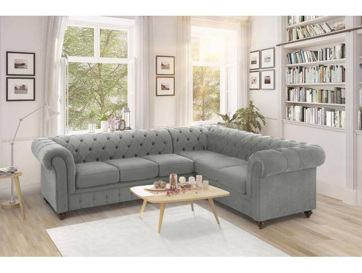 Chesterfield-Sofa HOME AFFAIRE Duc Ecksofa L-Form , grau (hellgrau), B:255cm H:74cm T:214cm, Samtoptik (100% Polyester), Samtoptik (100% Polyester), Luxus-Microfaser Lederoptik (100% Polyester), Sofas, hochwertige Knopfheftung im Rücken, Samtoptik mit changierender Optik von Home-affaire