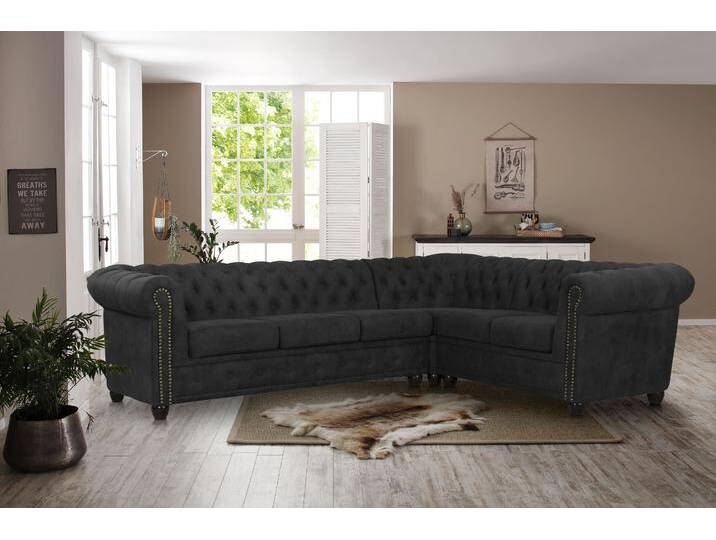Chesterfield-Sofa HOME AFFAIRE Rysum L-Form , grau (anthrazit), B:264cm H:72cm T:210cm, Luxus-Microfaser Lederoptik (100% Polyester), Kunstleder, Sofas, Chesterfield-Optik, langer Schenkel links oder rechts von Home-affaire