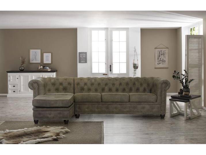 Chesterfield-Sofa HOME AFFAIRE Rysum L-Form , grau (stone), B:255cm H:72cm T:171cm, Luxus-Microfaser Lederoptik (100% Polyester), Kunstleder, Sofas, Chesterfield-Optik mit Ottomanen-Abschluß von Home-affaire