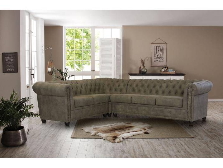 Chesterfield-Sofa HOME AFFAIRE Rysum L-Form , grau (stone), B:264cm H:72cm T:210cm, Luxus-Microfaser Lederoptik (100% Polyester), Kunstleder, Sofas, Chesterfield-Optik, langer Schenkel links oder rechts von Home-affaire
