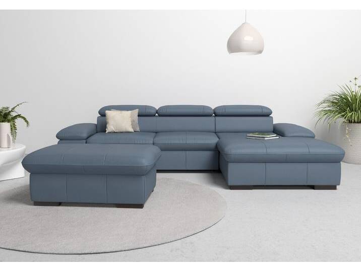 Ecksofa HOME AFFAIRE Alberto L-Form , blau (graublau), B:286cm H:73cm T:174cm, Luxus-Microfaser Lederoptik (100% Polyester), Luxus-Microfaser ALTARA NUBUCK (100% Polyester), Luxus-Microfaser weich (90% Polyester, 10% Polyamid), Microfaser Antiklederoptik, Sofas, mit Kopfteilverstellung, wahlweise mit Bettfunktion von Home-affaire