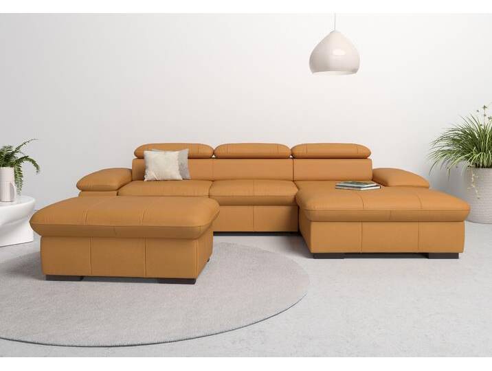 Ecksofa HOME AFFAIRE Alberto L-Form , gelb (curry), B:286cm H:73cm T:174cm, Luxus-Microfaser Lederoptik (100% Polyester), Luxus-Microfaser ALTARA NUBUCK (100% Polyester), Luxus-Microfaser weich (90% Polyester, 10% Polyamid), Microfaser Antiklederoptik, Sofas, mit Kopfteilverstellung, wahlweise mit Bettfunktion von Home-affaire