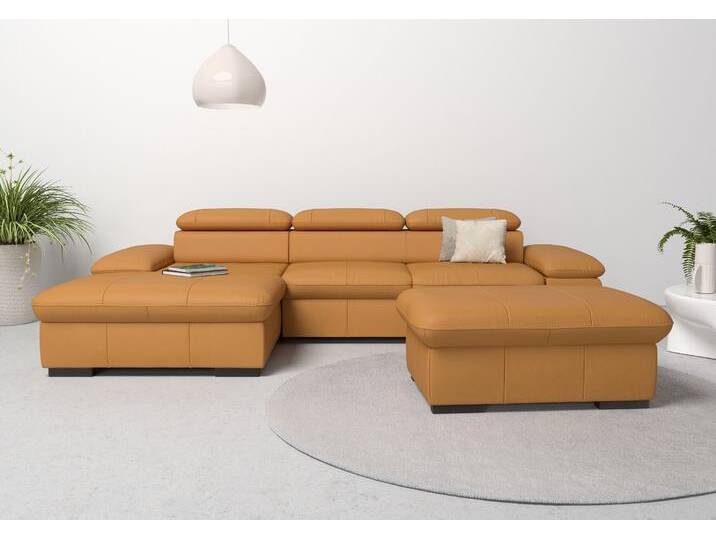 Ecksofa HOME AFFAIRE Alberto L-Form , gelb (curry), B:286cm H:73cm T:174cm, Luxus-Microfaser Lederoptik (100% Polyester), Luxus-Microfaser ALTARA NUBUCK (100% Polyester), Luxus-Microfaser weich (90% Polyester, 10% Polyamid), Microfaser Antiklederoptik, Sofas, mit Kopfteilverstellung, wahlweise mit Bettfunktion von Home-affaire